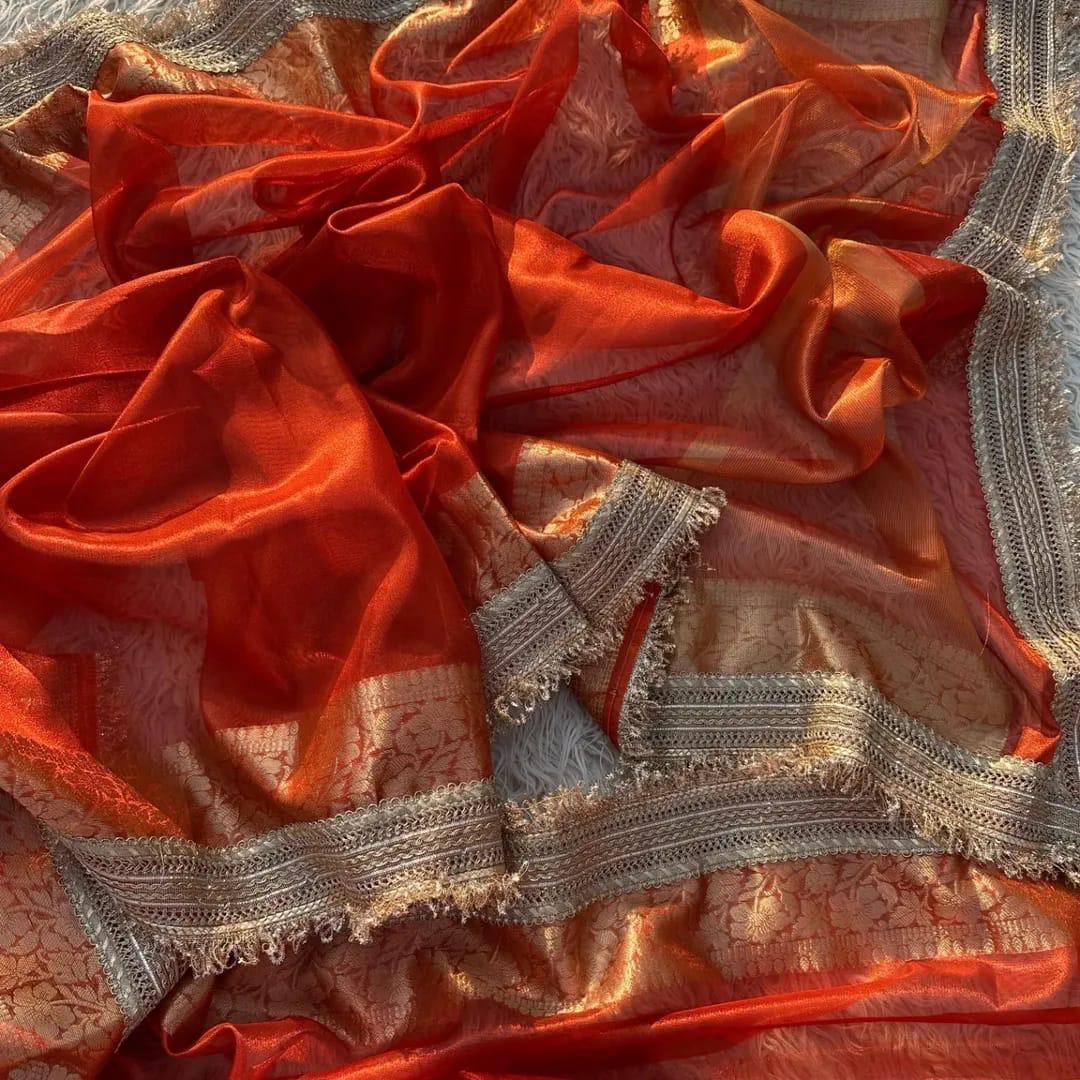 Maharani Orange Tissue Banarasi Saree with Floral Zari Weaving